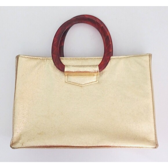 VTG 60s JR Florida USA Gold Lame Tote Tortoise Lucite Double Ring Handles 14X4X9 - Picture 3 of 12